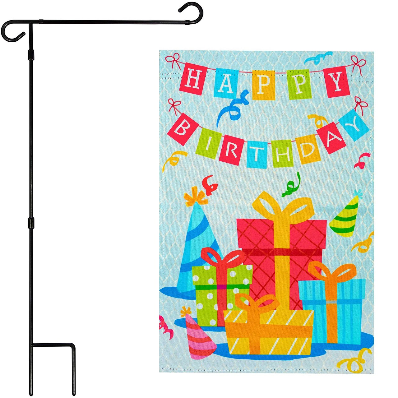 G128 Combo Pack: Garden Flag Stand 36x16IN & Garden Flag Happy Birthday Presents Printed 12x18IN Double Sided